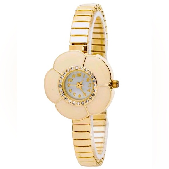 Gold Tone Flower Bezel Stretch Band Iconic Watch - Picture 1 of 3